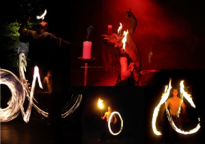 Frowin der Gaukler ist Feuerschlucker und Jongleur. Hier sieht man eine Collage von mehreren Bildern seiner Feuershow. Die Flammen der Jonlierfackel sieht ihre Spur. Feuerpois ziehen ihre Kreise und beim Feuerschlucken brennt die Flamme auf der Zunge.